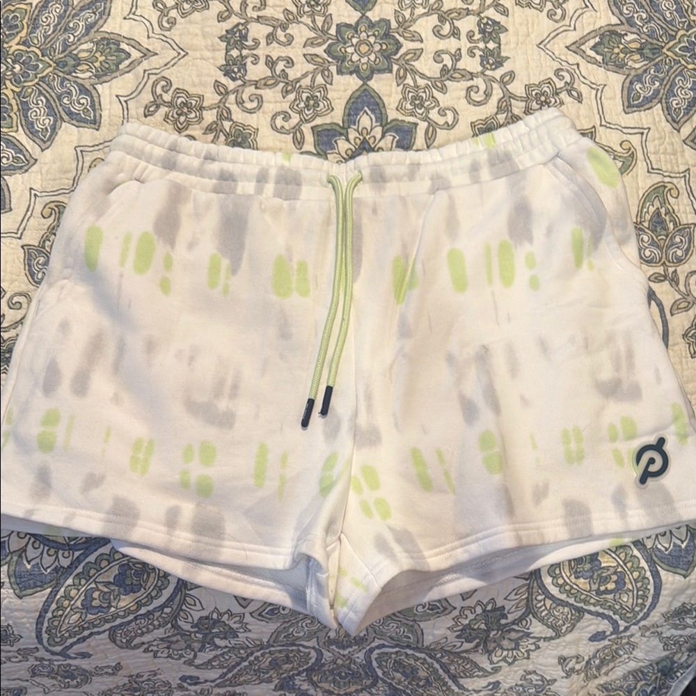 Peloton White, Gray & Green Sweat Shorts with Tie-String Waistband